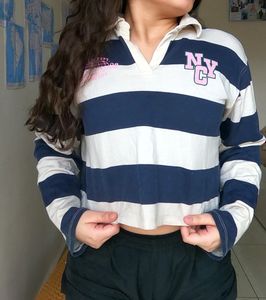 Striped Cropped Oversized Collar Top