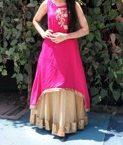 Pink Long Kurti + Golden Lehenga Skirt
