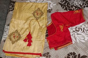 Elegant Gold Saree with Red Blouse