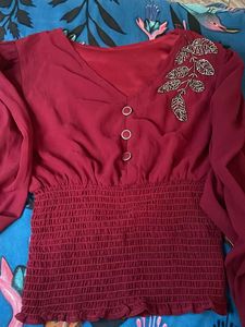 Burgundy Blouse with Beaded Detail