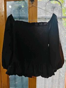 Black Smocked Puff Sleeve Top