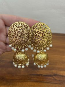 Gold Jhumka Earrings with Pearls