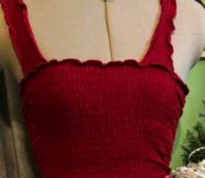 Red Smocked Ruffle Strap Top