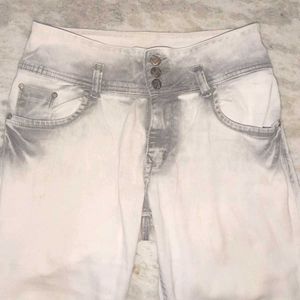 High Waisted White Denim Jeans With Silver Designs