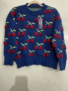 Imported Cherry Patterned Woven Festive Pullover