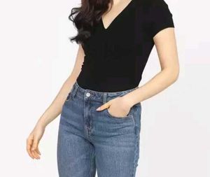 Ruched V-Neck Black Top
