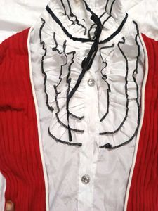 Red Cardigan with Ruffle Detail Vintage Look