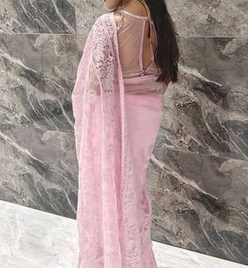 Elegant Pink Lace Saree+ blouse+ peticot