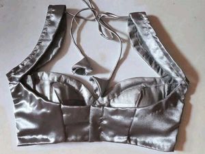 Silver Satin Padded Cut Sleeve Sweetheart Blouse