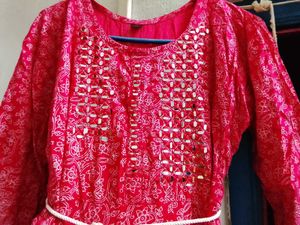 Red Printed Mirror-Work Dress