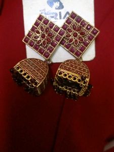 Maroon & Gold Jhumka Earrings