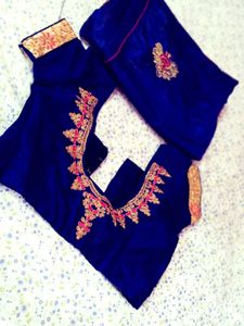 Blue Embroidered  silk Saree