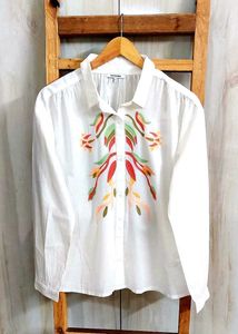 White Embroidered Fine Cotton Shirt Size-48