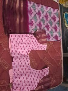Pink Printed Saree with Blouse Piece