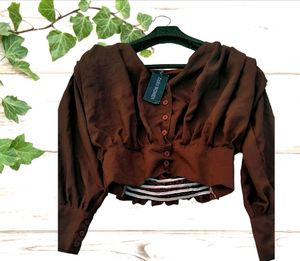Zara Trending Brown Crop Top With Baloon Sleeves