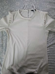 White Ribbed Ruffle Sleeve Top
