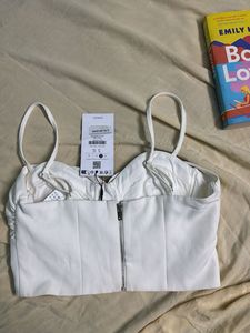 Bershka White Glitter Trim Crop Top