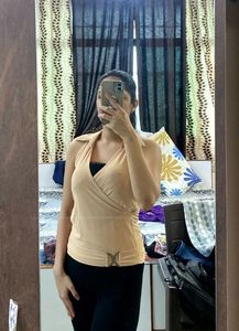 Sleek Nude Wrap Collar Top with DD Buckle Detail