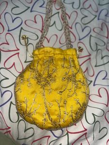 Hand-Embroidered Yellow Silk Brand New Potli Bag