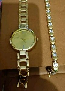 Watch And Bracelet Combo- Golden