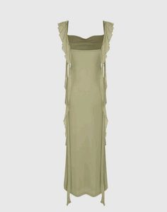 Olive Green Ruffle Trim Maxi Dress