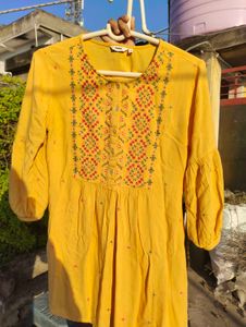 Yellow Embroidered short kurti (offer)