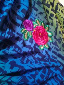 Floral Embroidered Blue &amp; Green Saree