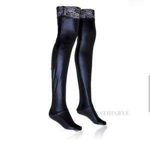 Faux Leather Stockings With Lace Trim