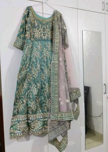 Full Embroidery Sea Green Gown With Pink Dupatta