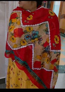 Floral Print Dupatta yellow red net