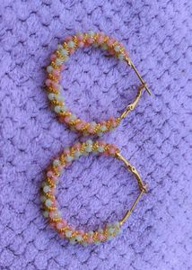 Pink &amp; Green Beaded Hoop Earrings