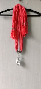 Coral Scarf with Crystal Pendant