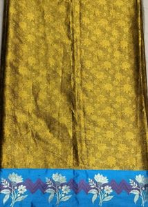 Unused Golden Colour Saree With Blue Border