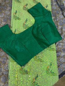 Green Sequin Peacock Saree with Blouse