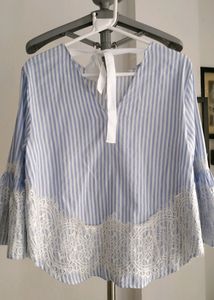 Zara Blue Striped Lace Trim Top