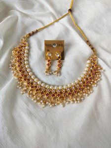 Pretty Pink and White Stone Studded Necklace Set