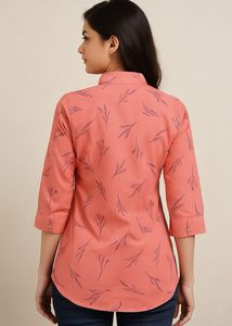 “Trendy Girls Mandarin Shirt in Coral Bloom