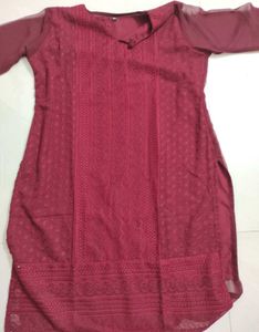 Maroon Chikankari Kurta With Net Sleeves