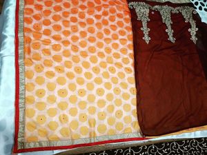 Elegant Brown &amp; Gold Embroidered Saree