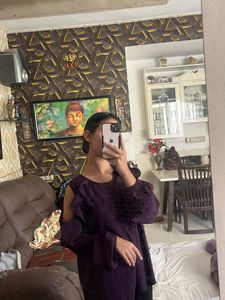 purple shoulder flurr cut top