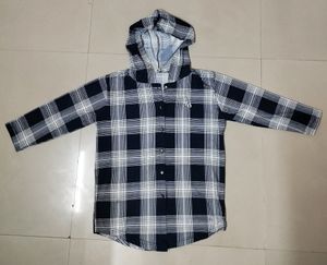 square Pattern Navy Blue Shirt With Attached Hoodie