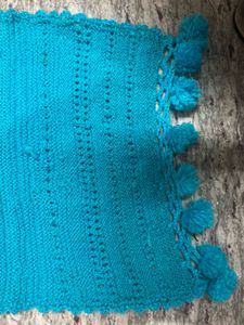 Teal Knitted Scarf with Pom Poms