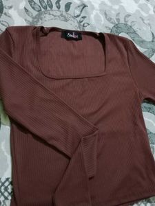 Brown Ribbed Square Neck Top