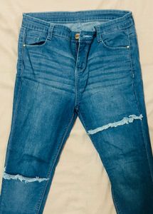 Blue Skinny Fit High Rise Waist Ripped Denim Jeans