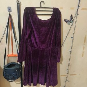 Purple Velvet Long Sleeve Dress Knee Length