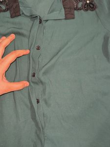 Emerald Green Shirt With Embellished Lace Collar