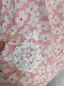 Peach Floral Printed Chikankari Embroidered Kurta