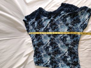 Blue Printed Top With Lace &amp; Bead Work On Shoulder