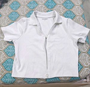 White Zip-Up Ribbed Top