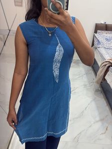 Blue Kurti with Feather Design